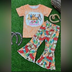 Abigail Floral Horse and Girls Peach Short Sleeve Shirt and Pant Set